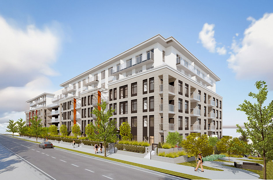 Midrise residential building with wood-frame structure and exposed townhomes in New Westminster by Iredale Architecture