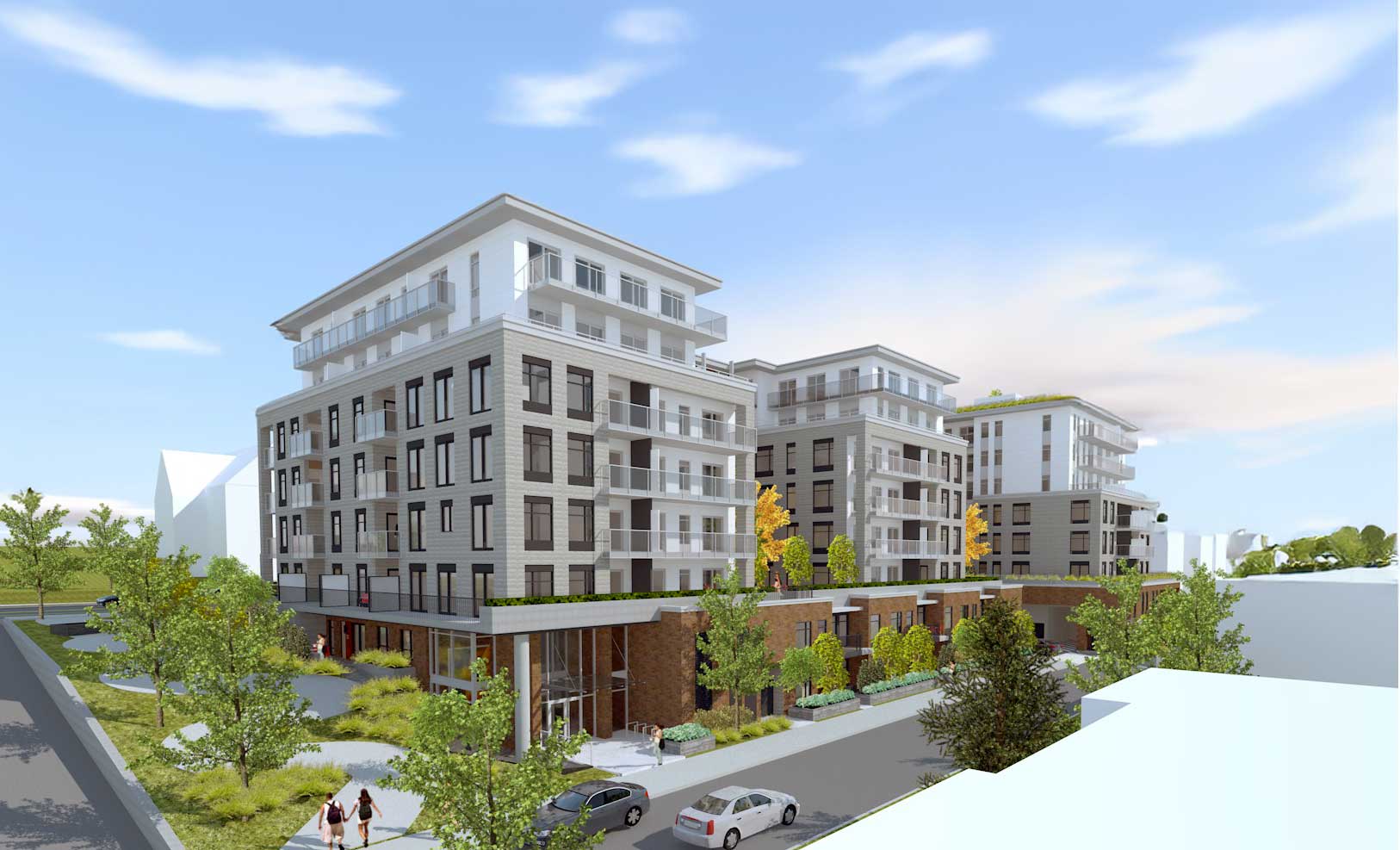 Midrise residential building with wood-frame structure and exposed townhomes in New Westminster by Iredale Architecture