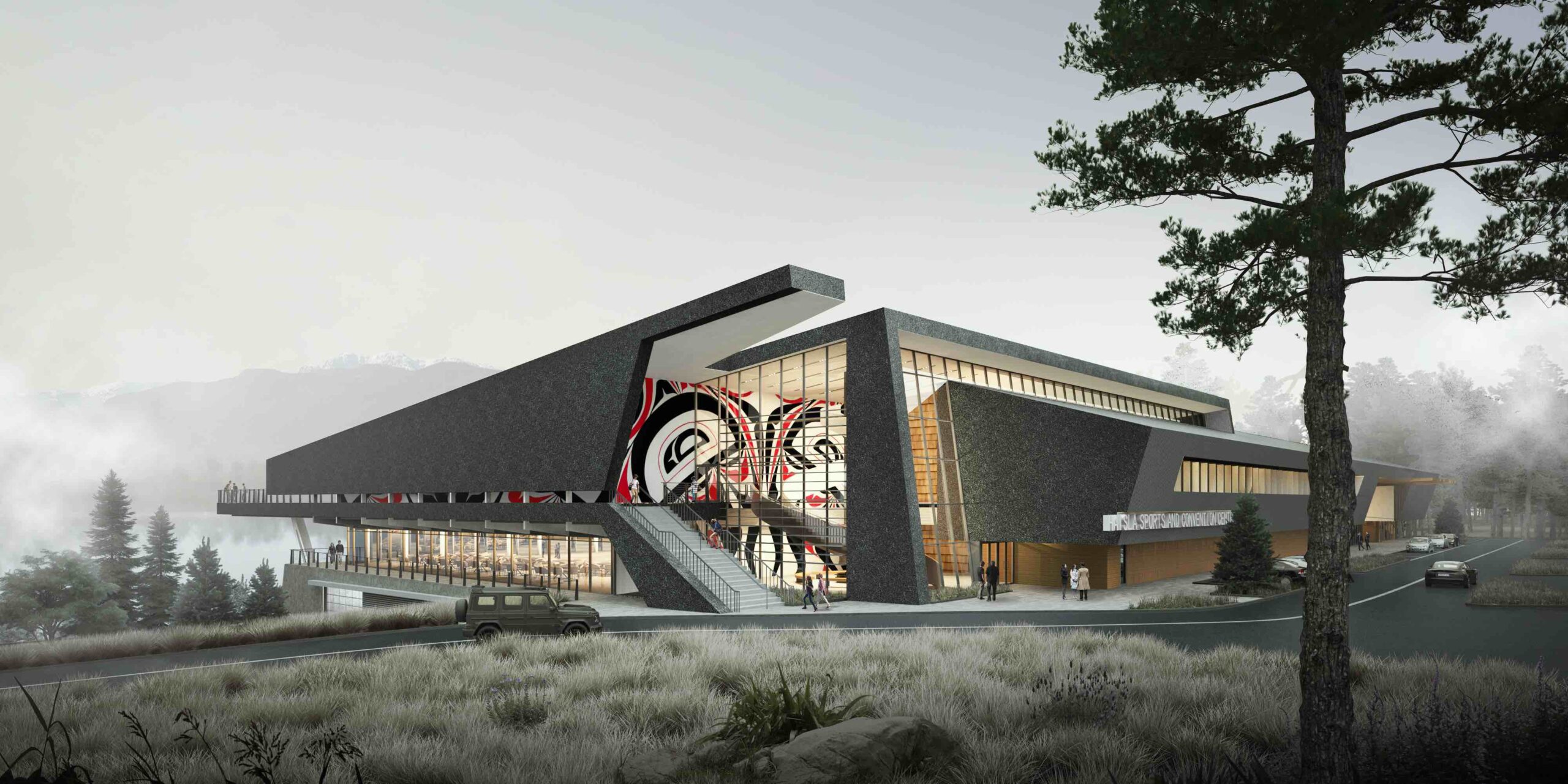 Haisla Nation Multiplex in Kitamaat Village, BC, featuring a multipurpose facility with gymnasium, emergency shelter, and meeting space overlooking ocean and mountains.