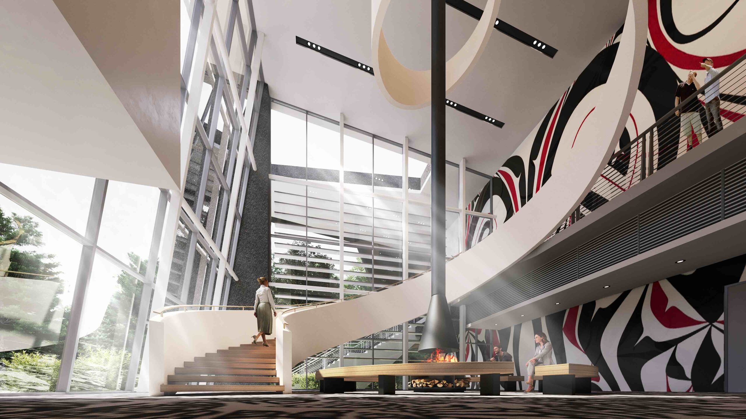 Haisla Nation Multiplex in Kitamaat Village, BC, featuring a multipurpose facility with gymnasium, emergency shelter, and meeting space overlooking ocean and mountains.