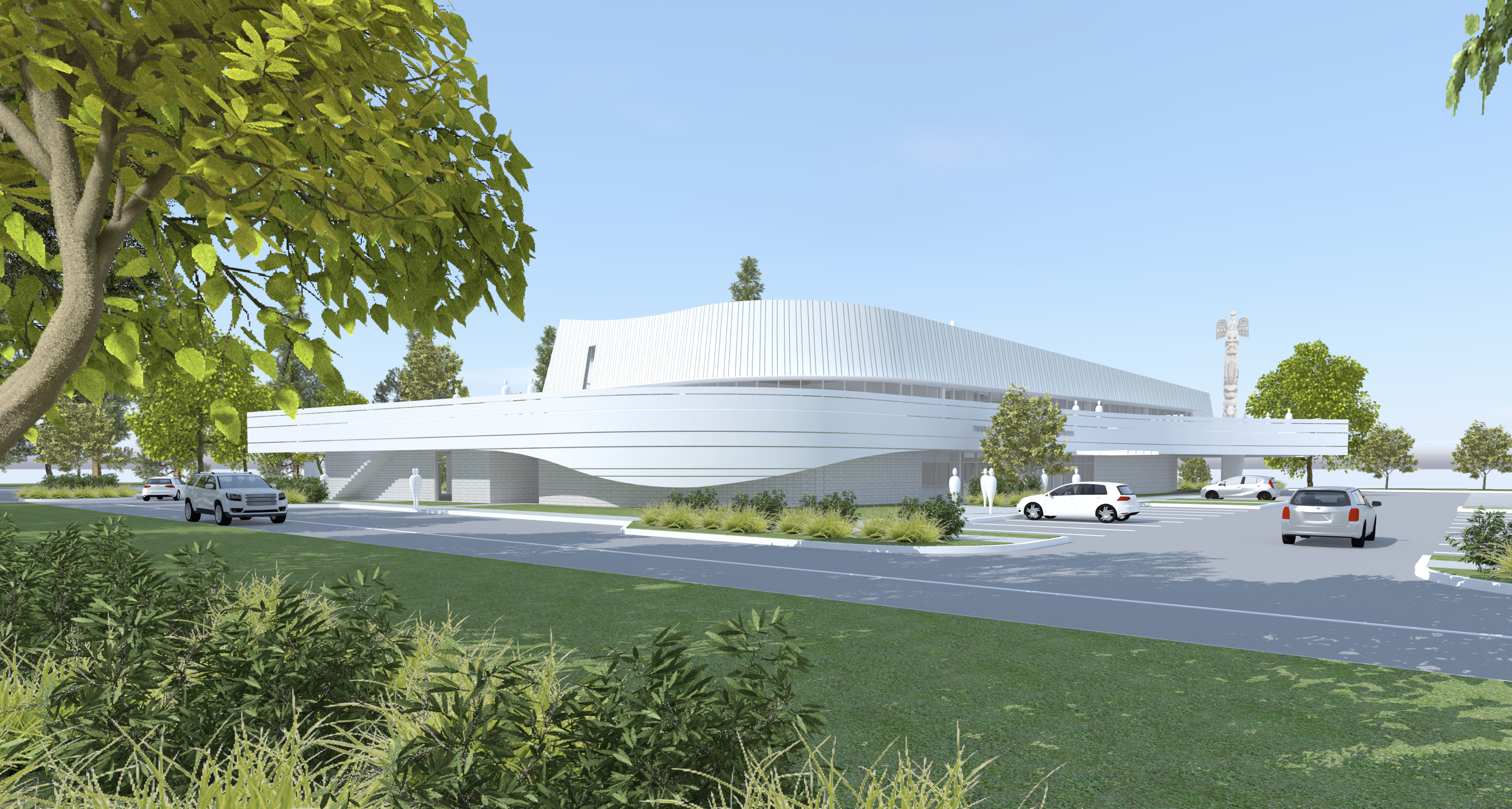 Tsartlip Child and Family Wellness Centre inspired by organic forms of ocean tides, featuring a glass bridge shaped like a canoe and observation deck with spectacular views.