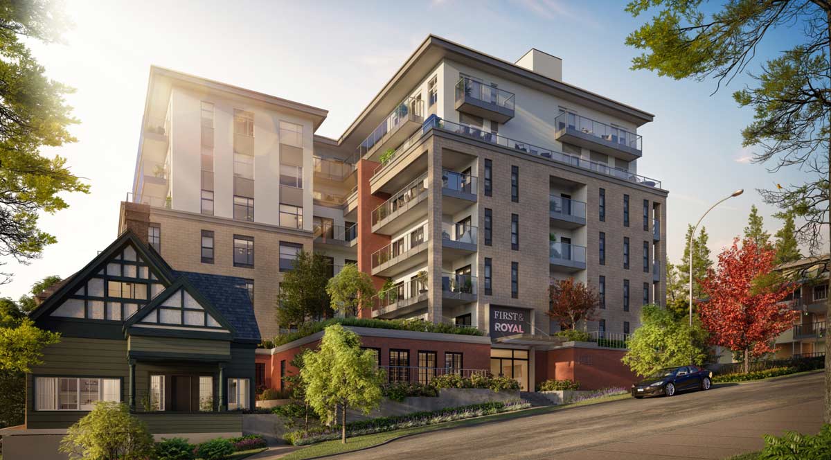 Midrise residential building with wood-frame structure and exposed townhomes in New Westminster by Iredale Architecture