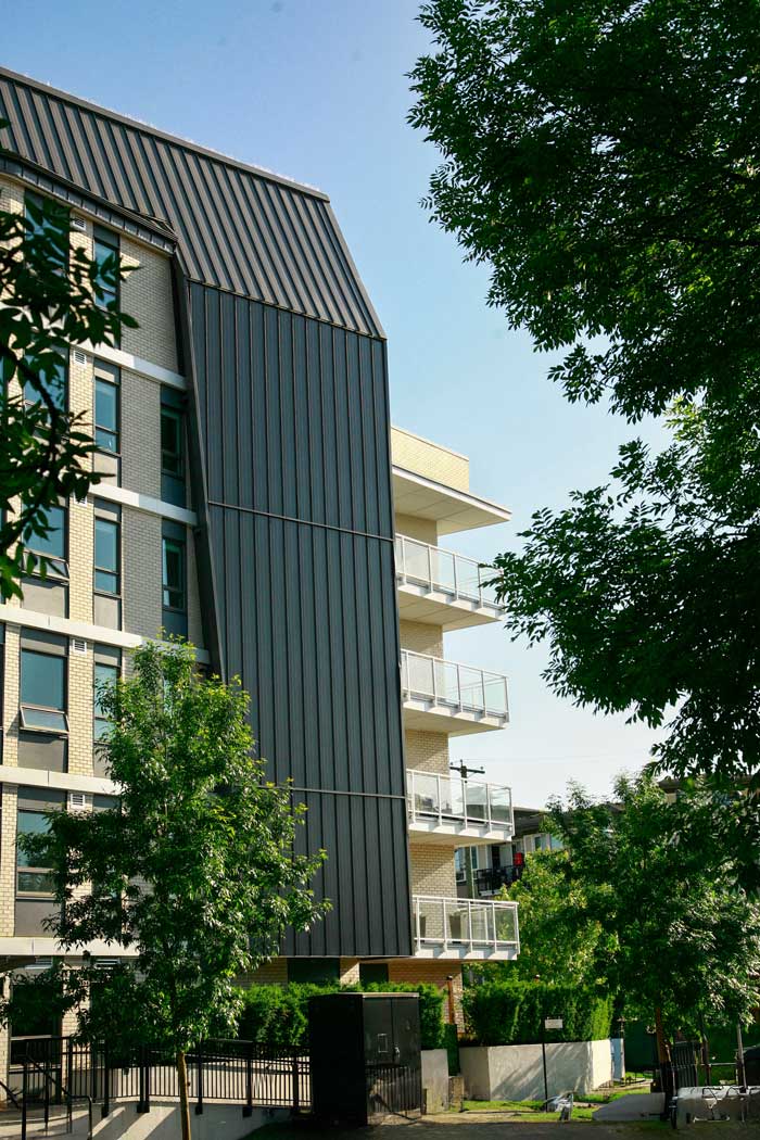 Modern multi-family residential development in Maple Ridge featuring barn-inspired architecture and communal outdoor spaces. Architecture: Iredale Architect